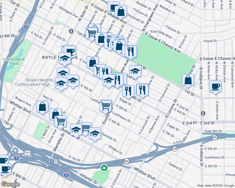 map of restaurants, bars, coffee shops, grocery stores, and more near 415 Euclid Avenue in Los Angeles