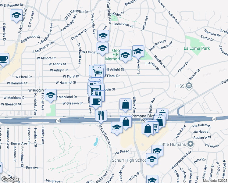 map of restaurants, bars, coffee shops, grocery stores, and more near 228 East Riggin Street in Monterey Park