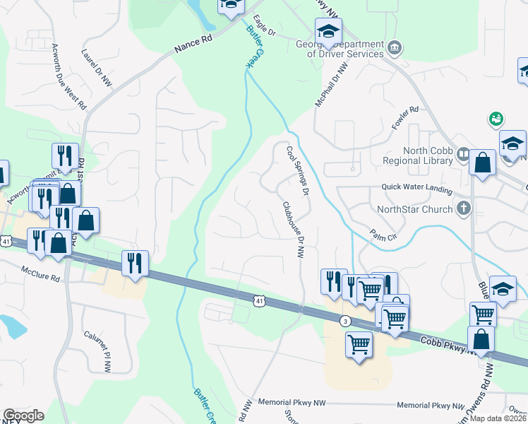 map of restaurants, bars, coffee shops, grocery stores, and more near 513 Two Iron Way in Kennesaw