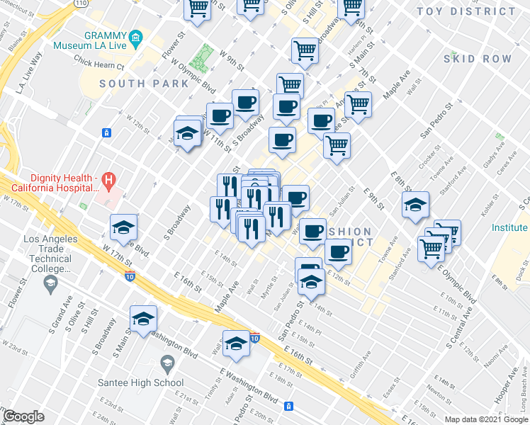 map of restaurants, bars, coffee shops, grocery stores, and more near 1150 Santee Street in Los Angeles