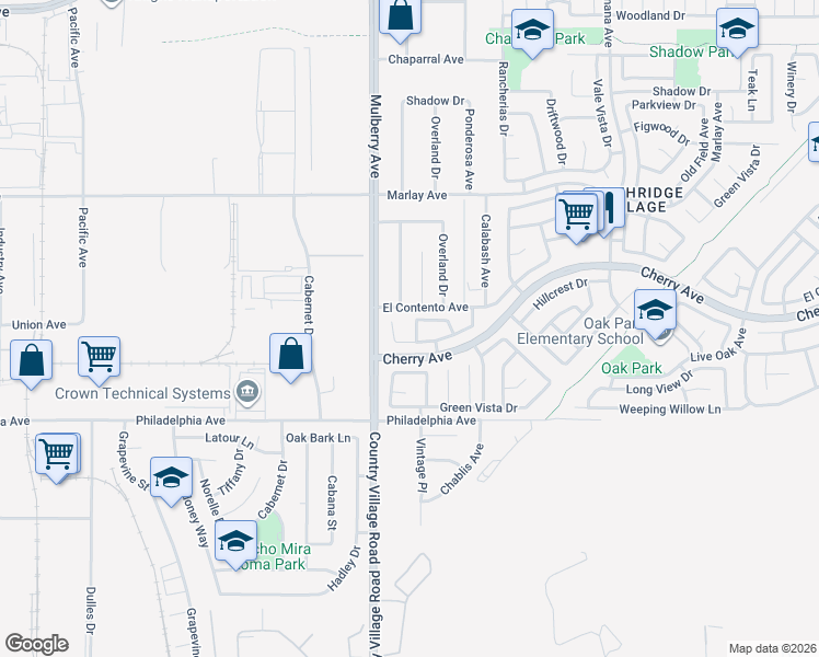 map of restaurants, bars, coffee shops, grocery stores, and more near 11942 Caballero Drive in Fontana