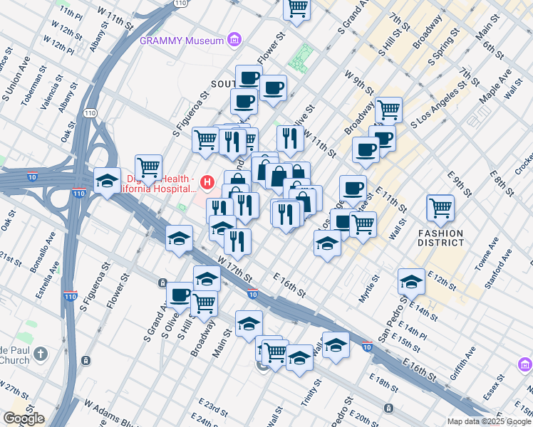 map of restaurants, bars, coffee shops, grocery stores, and more near 1340 South Hill Street in Los Angeles