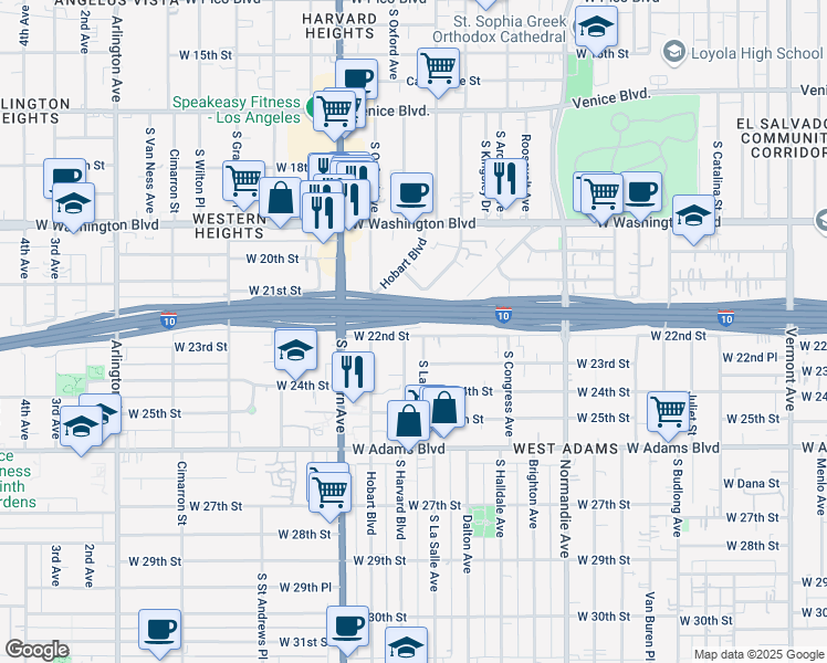 map of restaurants, bars, coffee shops, grocery stores, and more near 2015 West 22nd Street in Los Angeles
