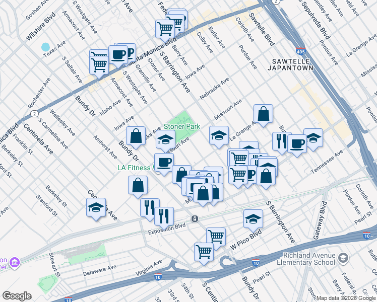 map of restaurants, bars, coffee shops, grocery stores, and more near 1916 South Westgate Avenue in Los Angeles