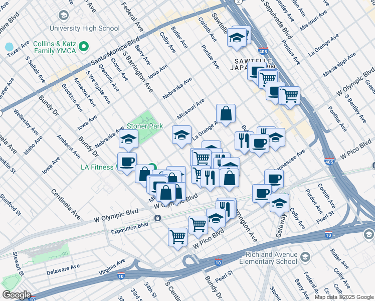 map of restaurants, bars, coffee shops, grocery stores, and more near 2001 South Barrington Avenue in Los Angeles