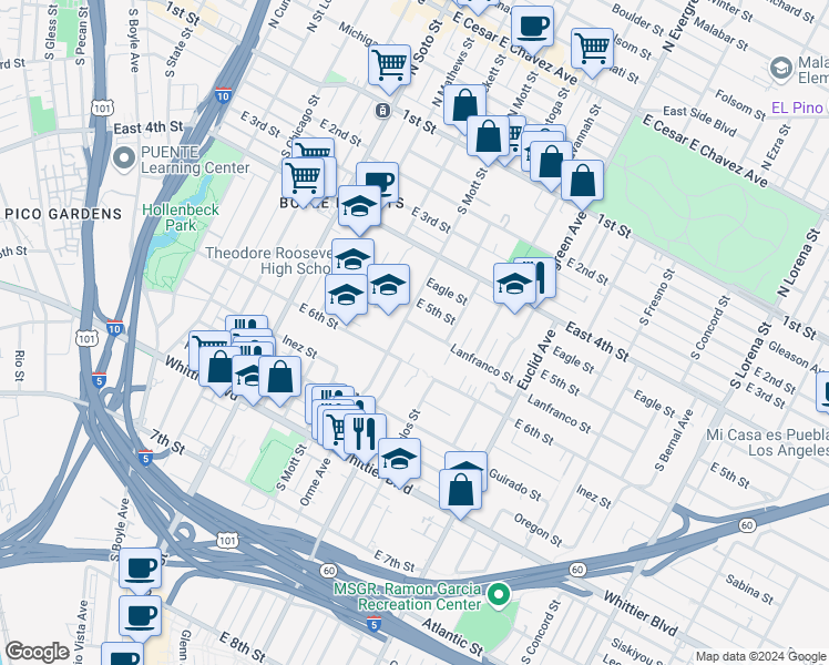 map of restaurants, bars, coffee shops, grocery stores, and more near 2714 Lanfranco Street in Los Angeles