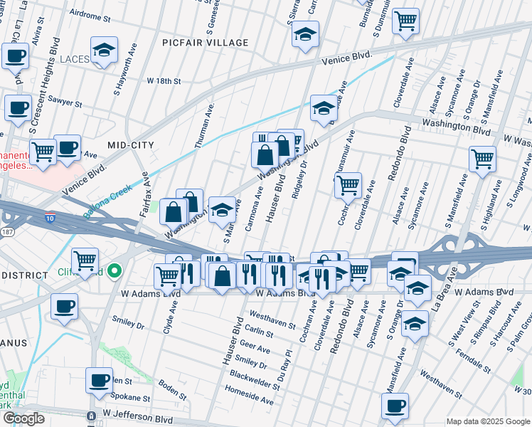 map of restaurants, bars, coffee shops, grocery stores, and more near 2235 Hauser Boulevard in Los Angeles