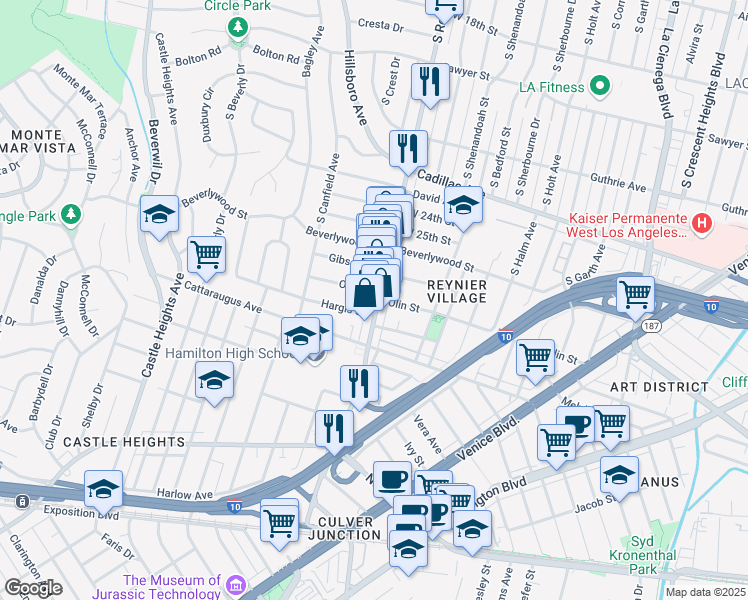 map of restaurants, bars, coffee shops, grocery stores, and more near 2817 South Robertson Boulevard in Los Angeles