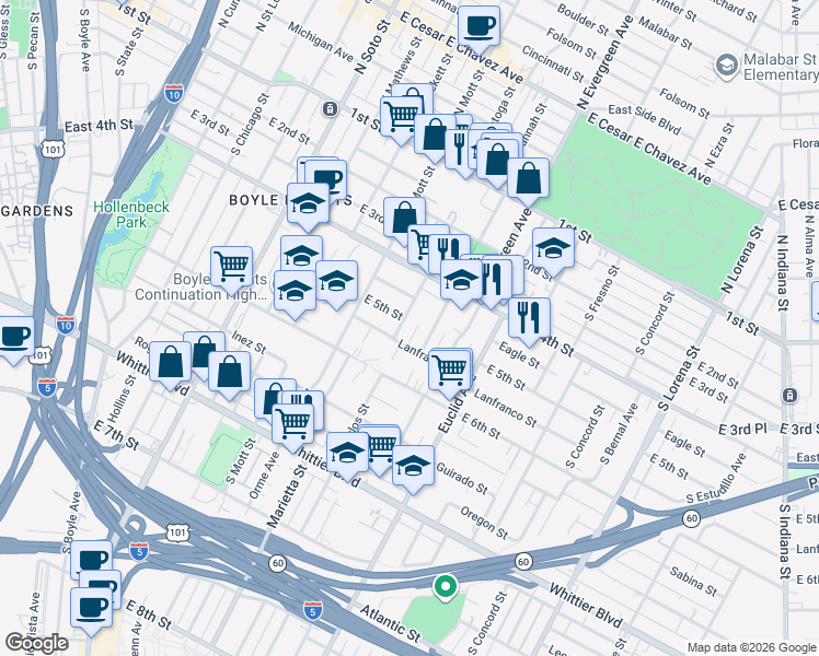 map of restaurants, bars, coffee shops, grocery stores, and more near 466 Camulos Street in Los Angeles
