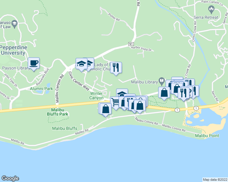 map of restaurants, bars, coffee shops, grocery stores, and more near 23901 Civic Center Way in Malibu