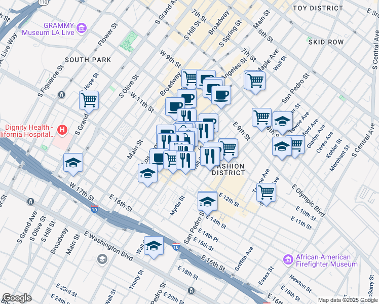 map of restaurants, bars, coffee shops, grocery stores, and more near 1124 Maple Ave in Los Angeles