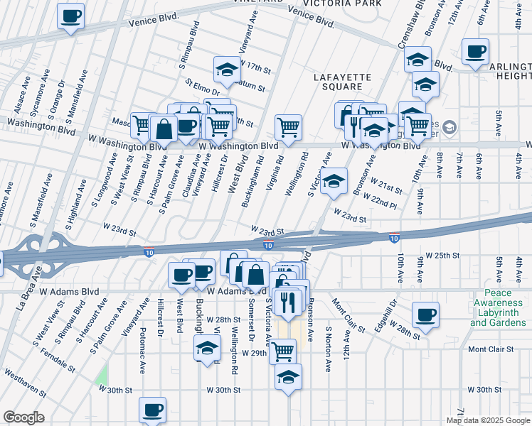 map of restaurants, bars, coffee shops, grocery stores, and more near 2120 Virginia Road in Los Angeles