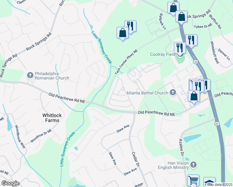 map of restaurants, bars, coffee shops, grocery stores, and more near 2450 Mildon Hall Lane in Lawrenceville