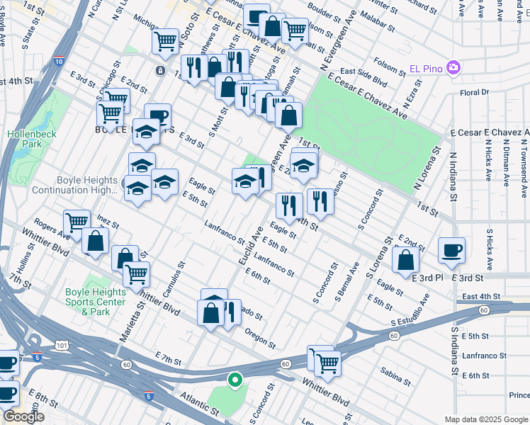 map of restaurants, bars, coffee shops, grocery stores, and more near 415 Euclid Avenue in Los Angeles