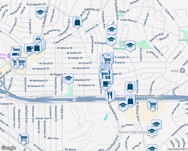 map of restaurants, bars, coffee shops, grocery stores, and more near 222 West Riggin Street in Monterey Park