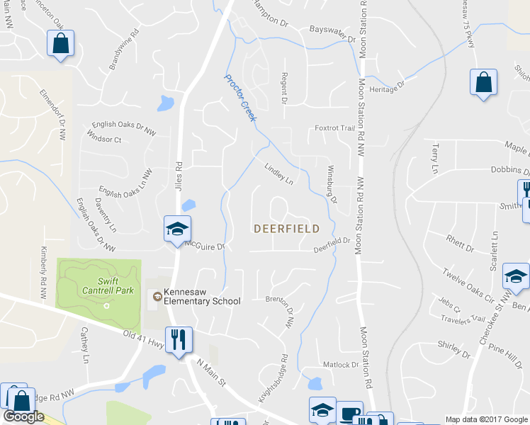 map of restaurants, bars, coffee shops, grocery stores, and more near 5431 Deerfield Place in Kennesaw
