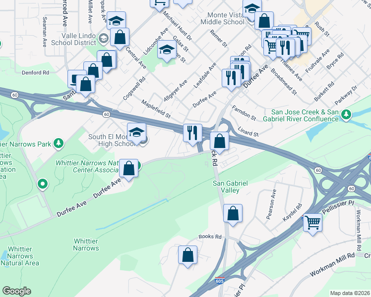 map of restaurants, bars, coffee shops, grocery stores, and more near 6 Eagles Nest Drive in South El Monte