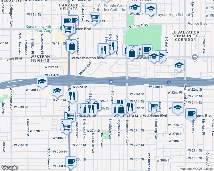 map of restaurants, bars, coffee shops, grocery stores, and more near 1915 West 22nd Street in Los Angeles