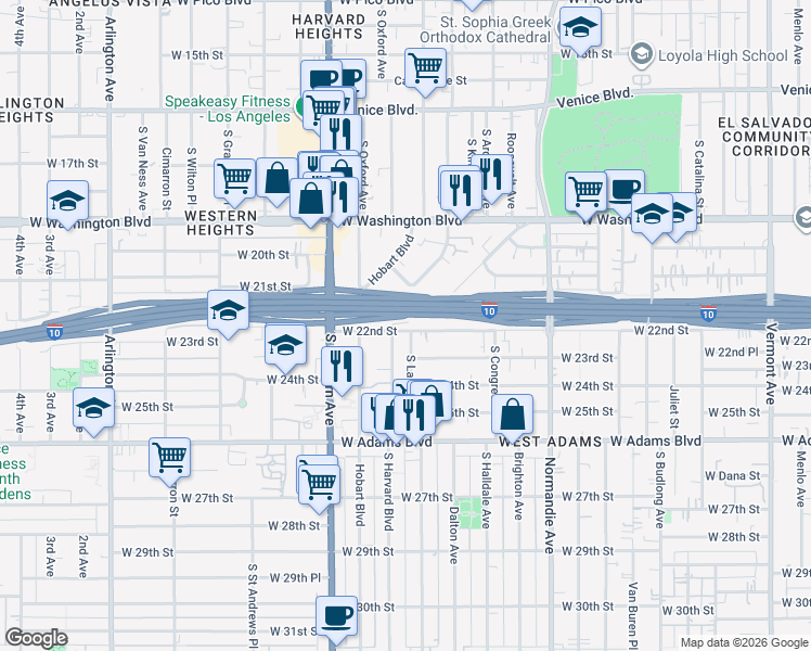 map of restaurants, bars, coffee shops, grocery stores, and more near 1973 West 22nd Street in Los Angeles