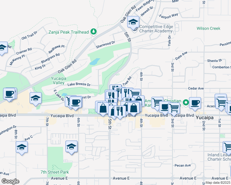 map of restaurants, bars, coffee shops, grocery stores, and more near 101 Cedar Avenue in Yucaipa