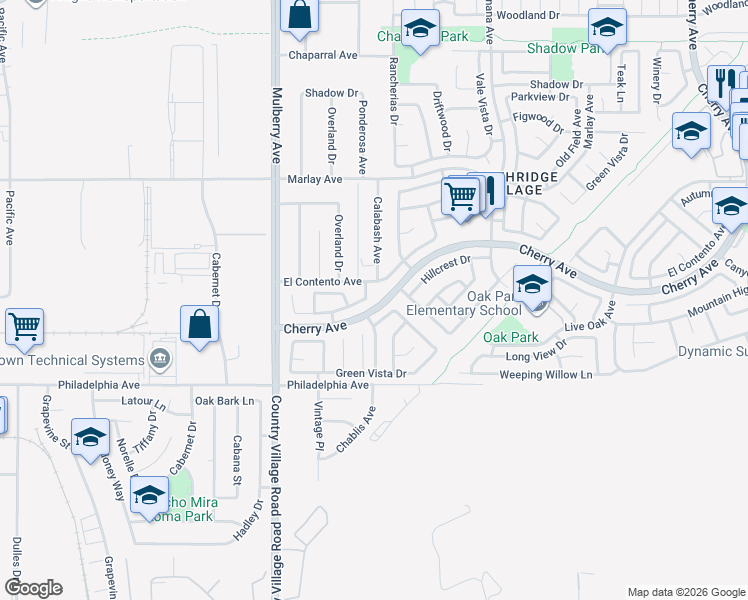map of restaurants, bars, coffee shops, grocery stores, and more near 11933 Saguaro Way in Fontana