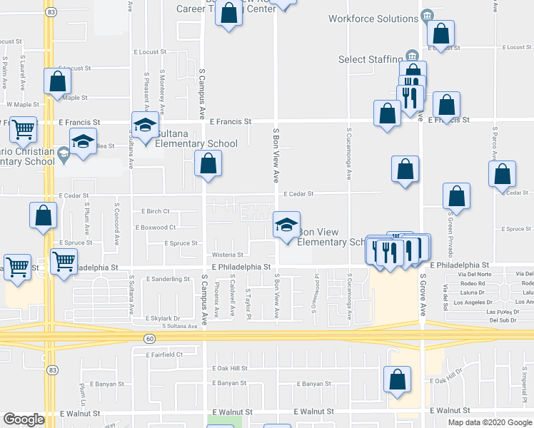 map of restaurants, bars, coffee shops, grocery stores, and more near 2048 South Bon View Avenue in Ontario