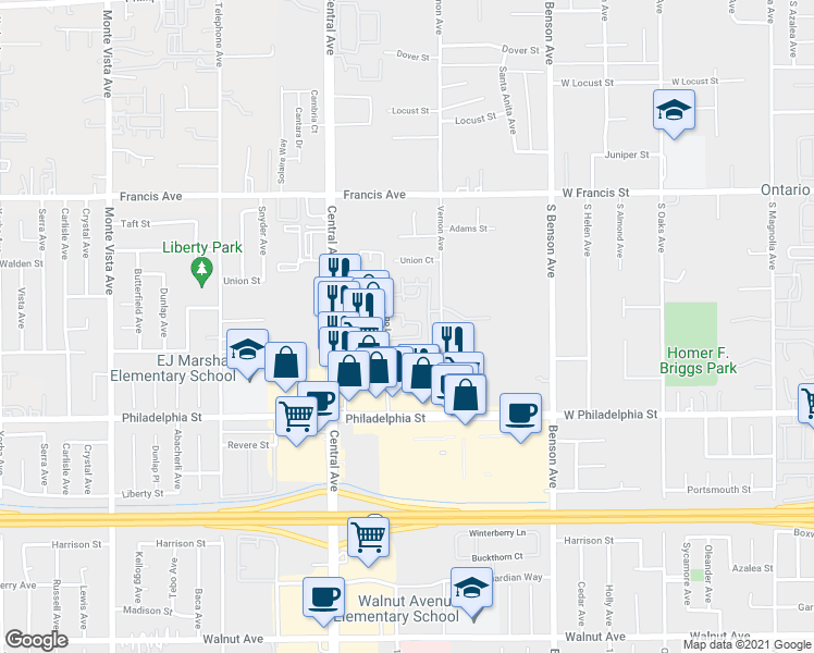 map of restaurants, bars, coffee shops, grocery stores, and more near 11939 Otsego Lane in Chino