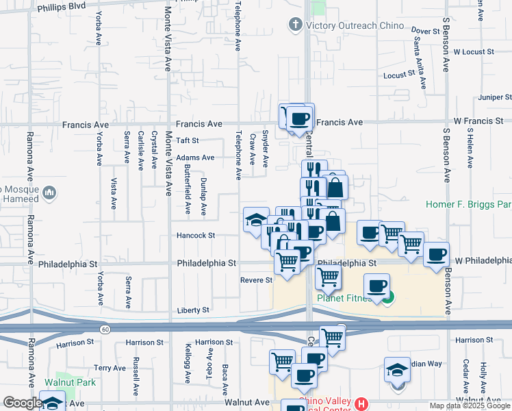 map of restaurants, bars, coffee shops, grocery stores, and more near 5139 Chesapeake Court in Chino