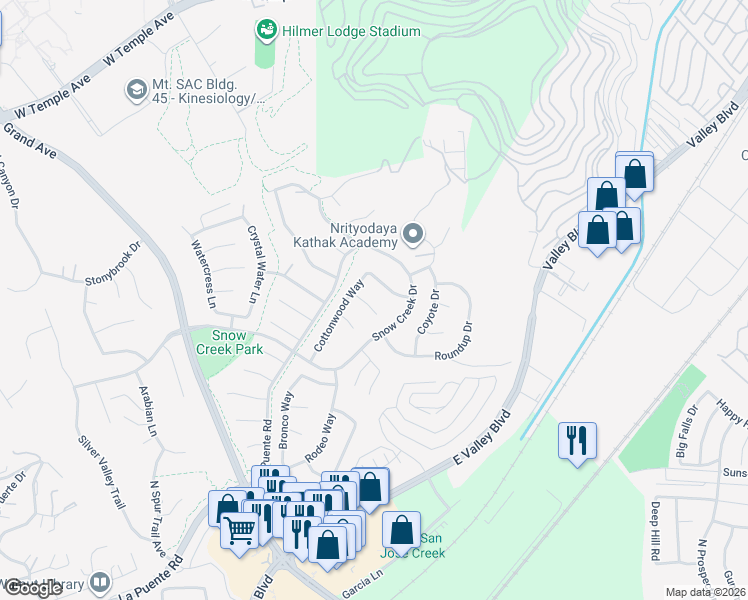 map of restaurants, bars, coffee shops, grocery stores, and more near 21842 Pinto Way in Walnut