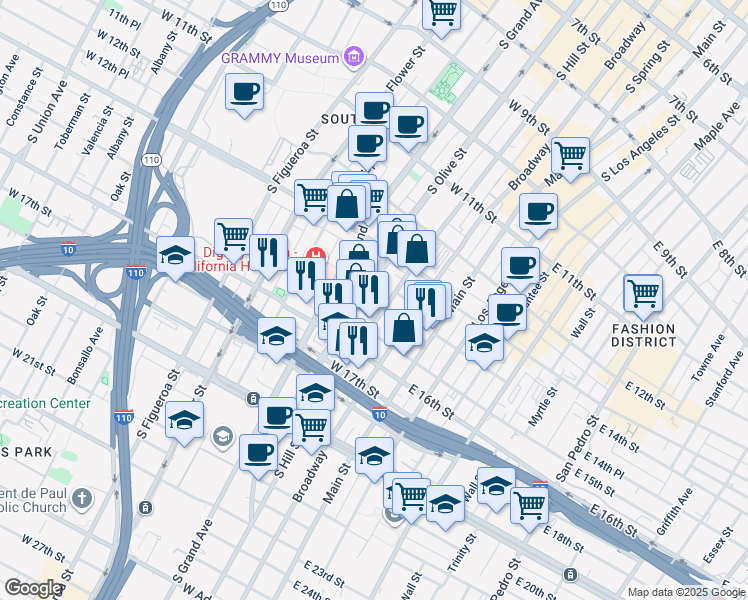 map of restaurants, bars, coffee shops, grocery stores, and more near 302 West 14th Street in Los Angeles