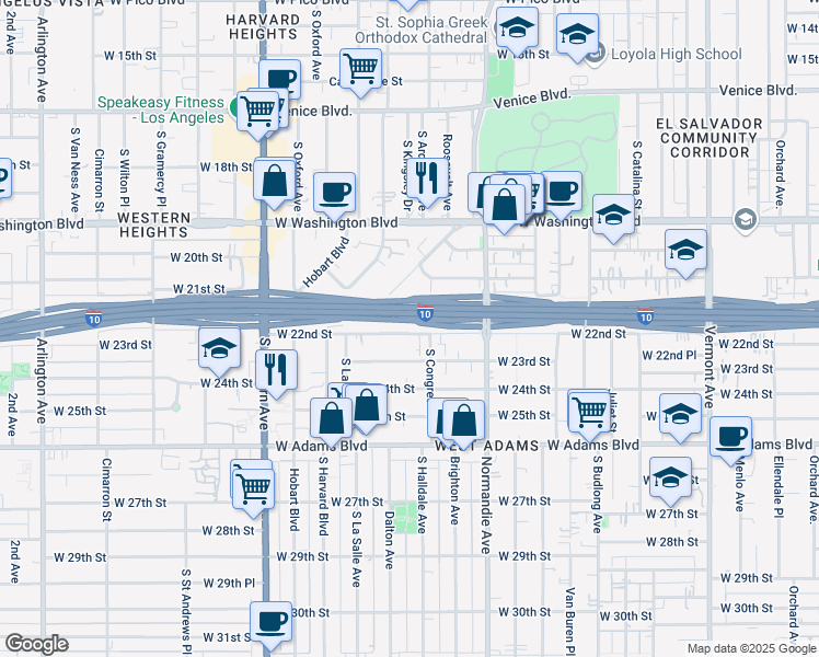 map of restaurants, bars, coffee shops, grocery stores, and more near 1915 West 22nd Street in Los Angeles