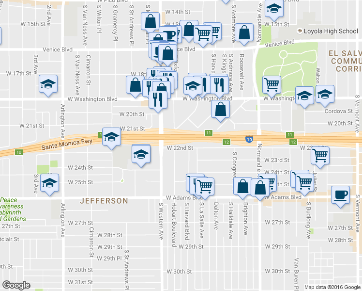map of restaurants, bars, coffee shops, grocery stores, and more near 2015 West 22nd Street in Los Angeles
