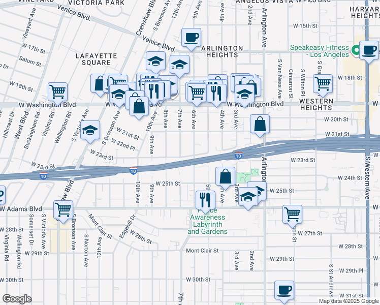 map of restaurants, bars, coffee shops, grocery stores, and more near 2218 7th Avenue in Los Angeles