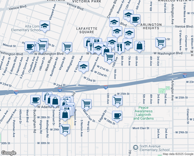 map of restaurants, bars, coffee shops, grocery stores, and more near 4057 West 23rd Street in Los Angeles
