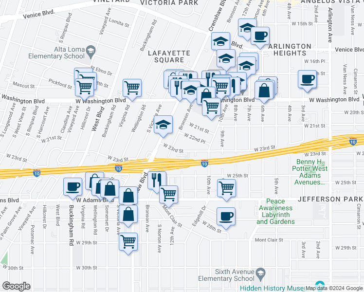 map of restaurants, bars, coffee shops, grocery stores, and more near 4057 West 23rd Street in Los Angeles