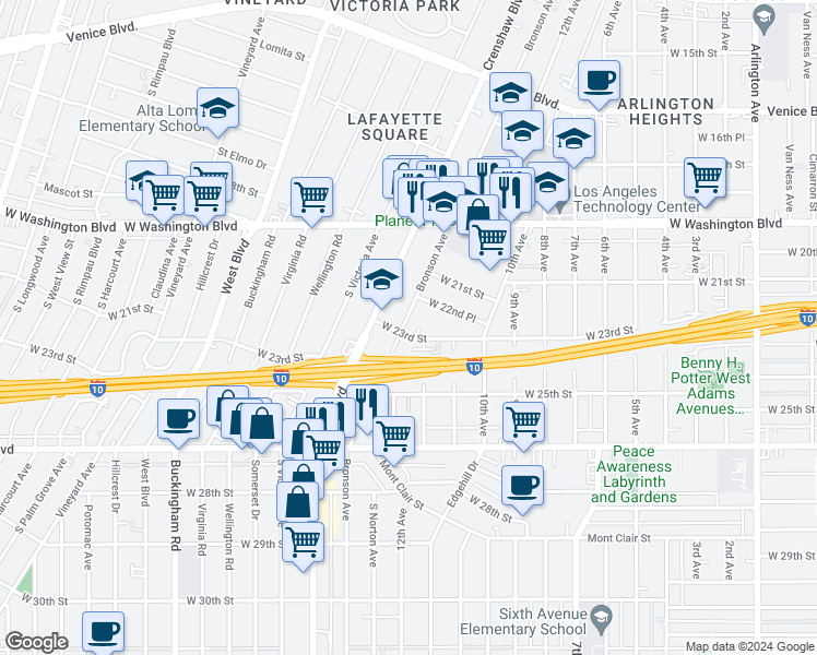 map of restaurants, bars, coffee shops, grocery stores, and more near 2253 South Bronson Avenue in Los Angeles