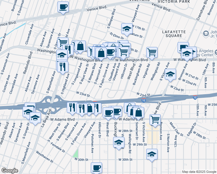 map of restaurants, bars, coffee shops, grocery stores, and more near 2224 Vineyard Avenue in Los Angeles