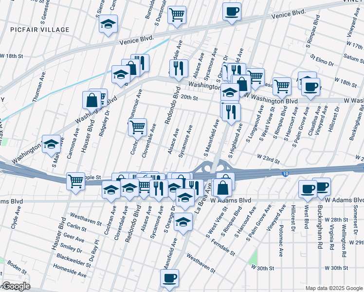map of restaurants, bars, coffee shops, grocery stores, and more near 2237 South Sycamore Avenue in Los Angeles