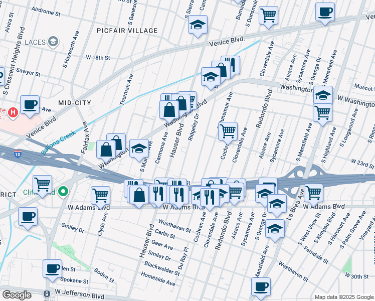 map of restaurants, bars, coffee shops, grocery stores, and more near 2233 South Ridgeley Drive in Los Angeles