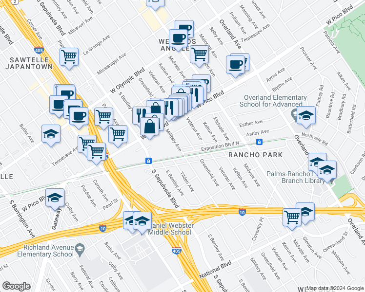 map of restaurants, bars, coffee shops, grocery stores, and more near 2541 Greenfield Avenue in Los Angeles