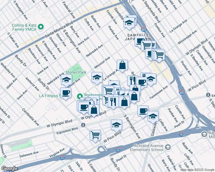 map of restaurants, bars, coffee shops, grocery stores, and more near 2032 South Barrington Avenue in Los Angeles