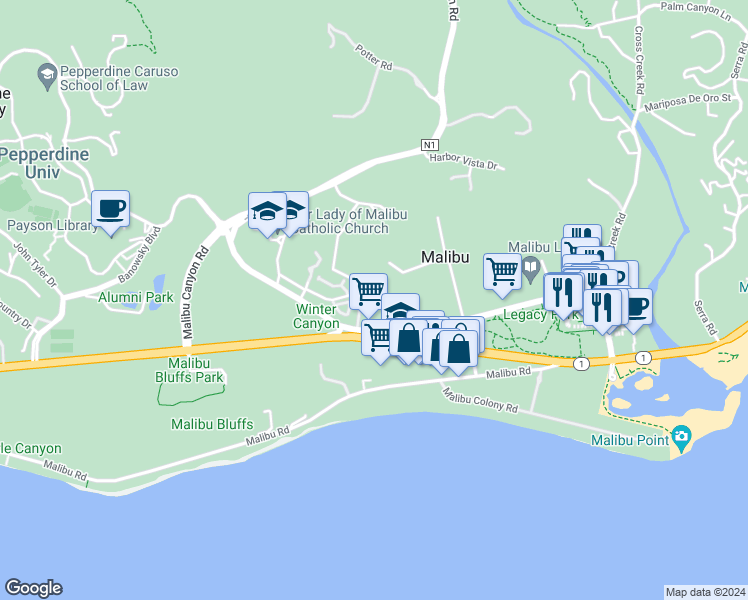 map of restaurants, bars, coffee shops, grocery stores, and more near 23901 Civic Center Way in Malibu