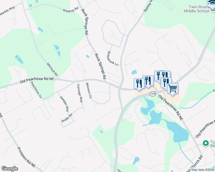map of restaurants, bars, coffee shops, grocery stores, and more near 1767 Old Peachtree Road Northeast in Lawrenceville