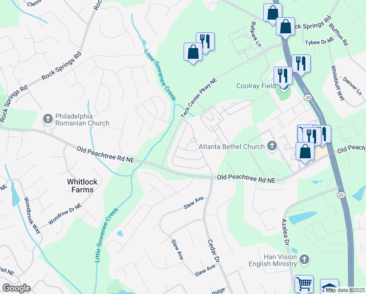 map of restaurants, bars, coffee shops, grocery stores, and more near 2450 Mildon Hall Lane in Lawrenceville