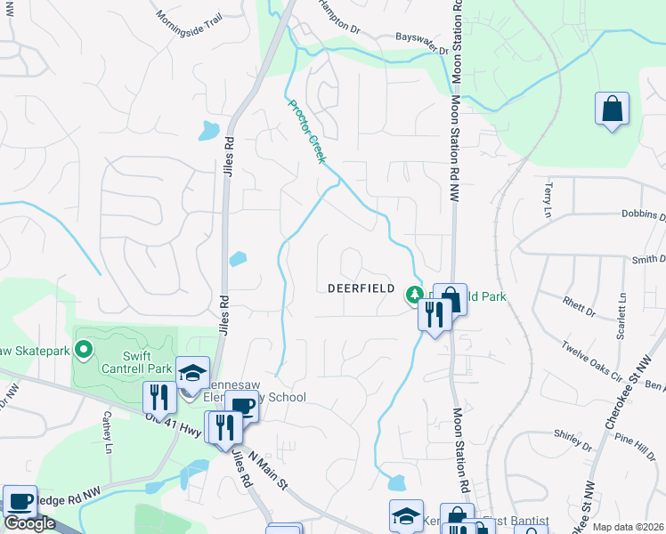 map of restaurants, bars, coffee shops, grocery stores, and more near 5431 Deerfield Place in Kennesaw
