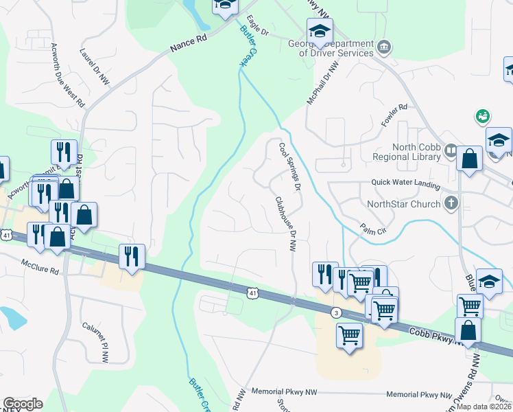 map of restaurants, bars, coffee shops, grocery stores, and more near 513 Two Iron Way in Kennesaw