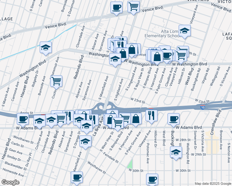 map of restaurants, bars, coffee shops, grocery stores, and more near 2303 South Highland Avenue in Los Angeles