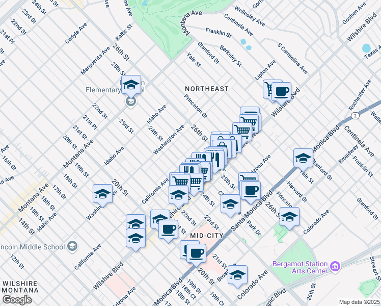 map of restaurants, bars, coffee shops, grocery stores, and more near 2445 California Avenue in Santa Monica