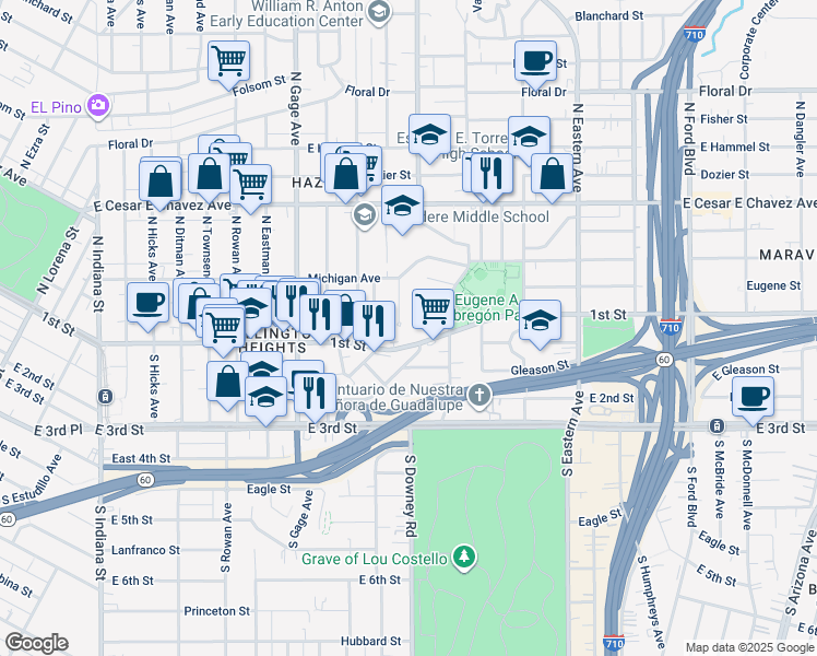 map of restaurants, bars, coffee shops, grocery stores, and more near 120 North Bonnie Beach Place in Los Angeles