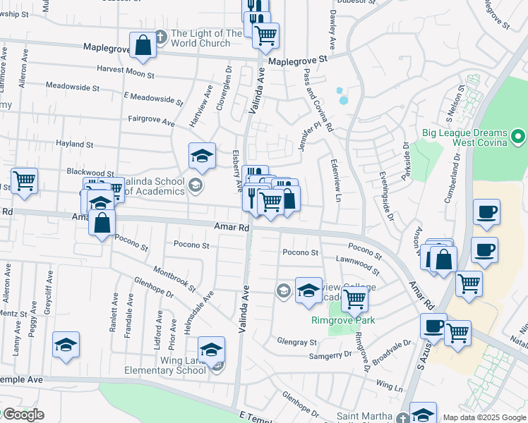 map of restaurants, bars, coffee shops, grocery stores, and more near 1011 East Amar Road in West Covina
